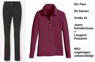 Ein Paar für Damen Größe 42: Jeans Karottenhose + Langarm Poloshirt. NEU, ungetragen