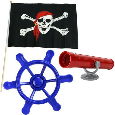Piratenset Zubehör für Spielturm Steuerrad Piratenflagge Fernrohr Baumhaus Set