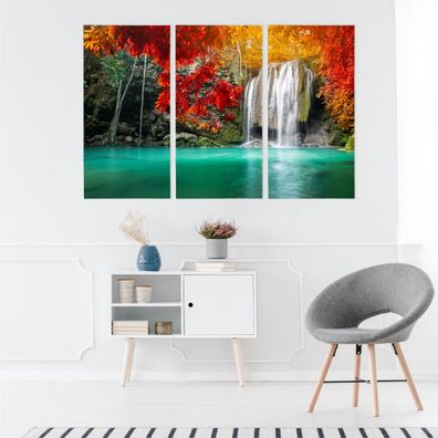 Leinwand Bilder SET 3-Teilig Wasserfall Herbstwald Natur Wandbilder xxl 3392