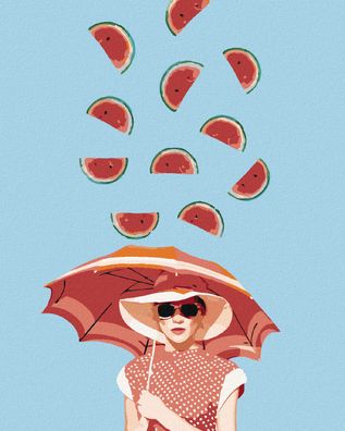 Malen nach Zahlen - FRAU MIT Regenschirm UND Fallenden Melonen