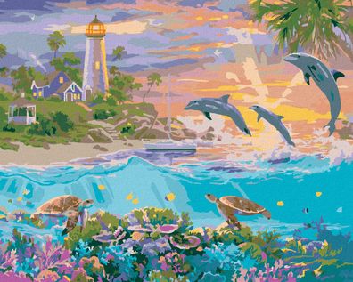 Malen nach Zahlen - Delphine, Schildkröten, Leuchtturm UND Sonnenuntergang (ABRAHAM H