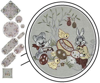 Ostern Hellgrau Größenwahl Stickerei Tischdecke Tischläufer Deckchen Kissenhülle