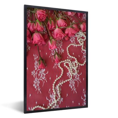 Poster - 20x30 cm - Perlenketten entlang Bouquet mit rosa Rosen