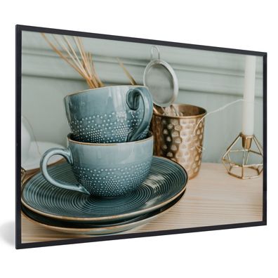 Poster - 90x60 cm - Blaue und weiße Teetassen