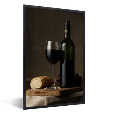 Poster - 20x30 cm - Rotwein und Brot auf einem Tisch