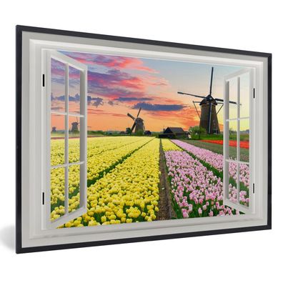 Poster - 120x80 cm - Aussicht - Sonnenuntergang - Tulpen