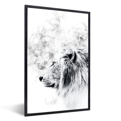 Poster - 60x90 cm - Löwe - Rauch - Schwarz - Weiß