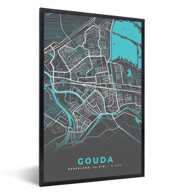 Poster - 60x90 cm - Stadtplan - Gouda - Grau - Blau