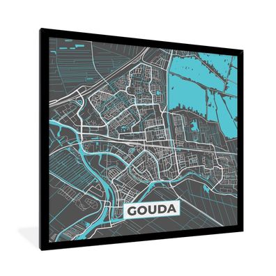 Poster - 40x40 cm - Karte - Gouda - Grau - Blau