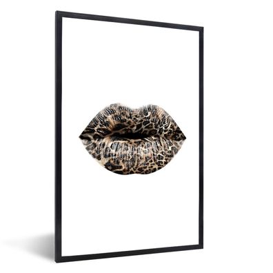 Poster - 80x120 cm - Lippen - Tigerdruck - Weiß