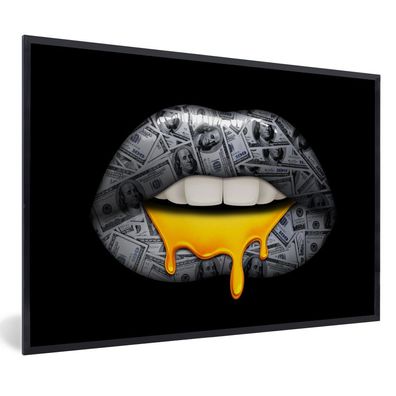 Poster - 90x60 cm - Lippen - Geld - Schwarz und Weiß