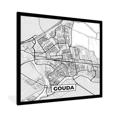 Poster - 40x40 cm - Stadtplan - Gouda - Grau - Weiß