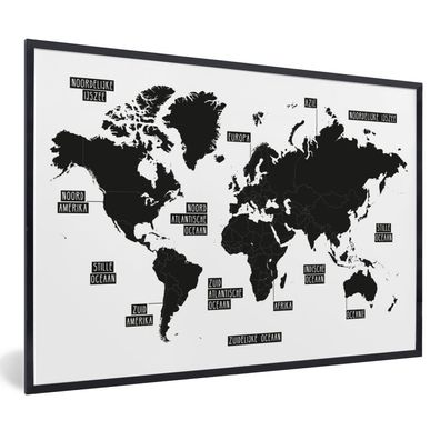 Poster - 60x40 cm - Weltkarte - Schwarz - Weiß - Einfach