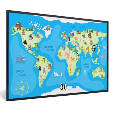 Poster - 120x80 cm - Weltkarte - Kinder - Tiere - Atlas