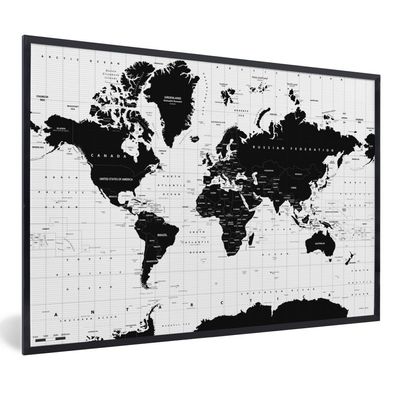 Poster - 90x60 cm - Weltkarte - Schwarz - Weiß - Atlas