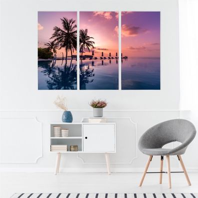 Leinwand Bilder SET 3-Teilig Sonnenuntergang Palme Ozean 3D Wandbilder xxl 2595