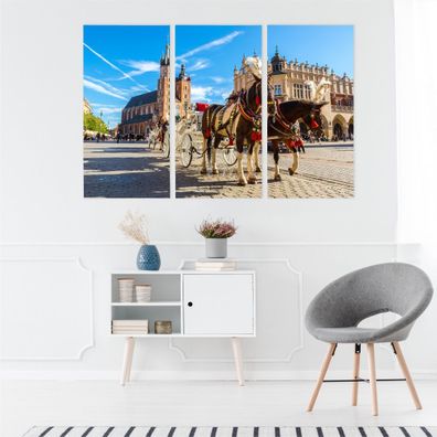 Leinwand Bilder SET 3-Teilig Krakauer Markt Pferde Wagen 3D Wandbilder xxl 2770
