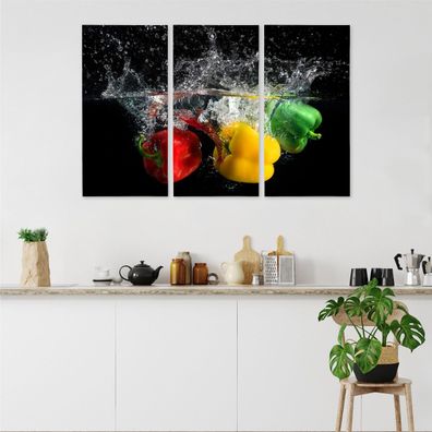 Leinwand Bilder SET 3-Teilig Frische Paprika Wasser Tropfen Wandbilder xxl 2856