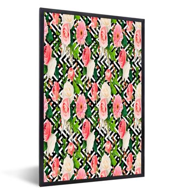 Poster - 40x60 cm - Blumen - Muster - Rosen - Gerbera
