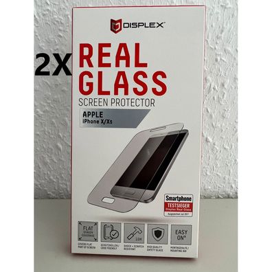 2x Displex Real Glass für Apple iPhone X/ Xs Display Schutz Sicherheitsglass Neu