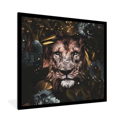 Poster - 40x40 cm - Löwe - Wilde Tiere - Blumen - Licht