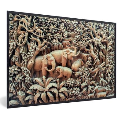 Poster - 30x20 cm - Elefant - Holz - Elefantenstatue