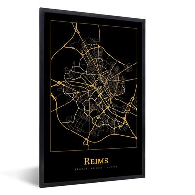 Poster - 40x60 cm - Karte - Reims - Gold - Schwarz