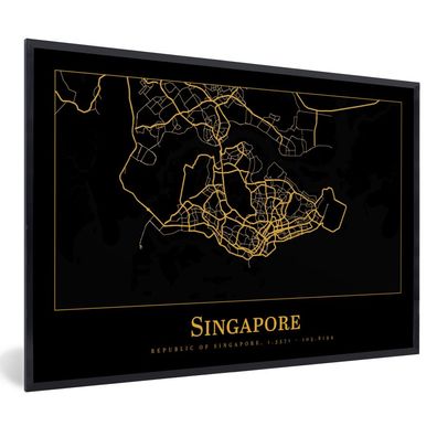 Poster - 30x20 cm - Karte - Singapur - Gold - Schwarz
