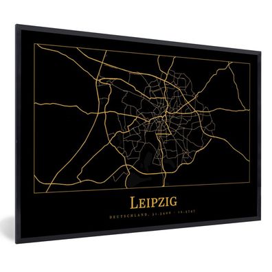 Poster - 120x80 cm - Karte - Leipzig - Gold - Schwarz - Einfarbig
