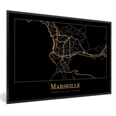 Poster - 60x40 cm - Karte - Marseille - Luxus - Gold - Schwarz