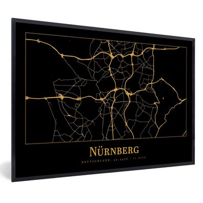 Poster - 60x40 cm - Karte - Nürnberg - Deutschland - Gold - Schwarz