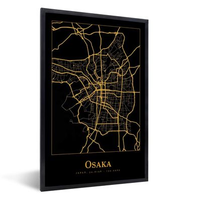 Poster - 20x30 cm - Karte - Osaka - Japan - Gold - Schwarz