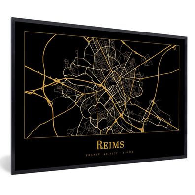 Poster - 90x60 cm - Karte - Reims - Schwarz - Gold