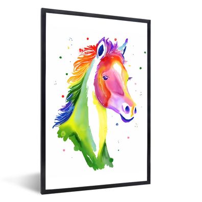 Poster - 20x30 cm - Pferd - Regenbogen - Weiß