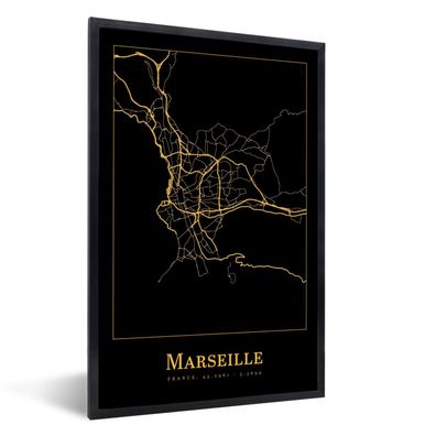 Poster - 40x60 cm - Karte - Marseille - Schwarz - Gold