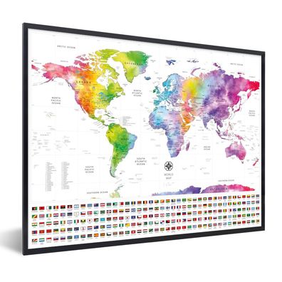 Poster - 80x60 cm - Weltkarte - Aquarell - Regenbogen - Flagge