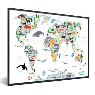 Poster - 80x60 cm - Weltkarte - Kinder - Tiere - Pflanzen