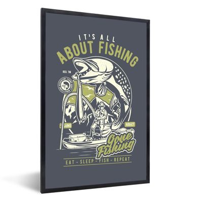 Poster - 80x120 cm - Fisch - Boot - Rute - Vintage