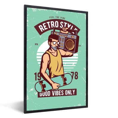 Poster - 60x90 cm - Radio - Skateboard - Mann - Retro