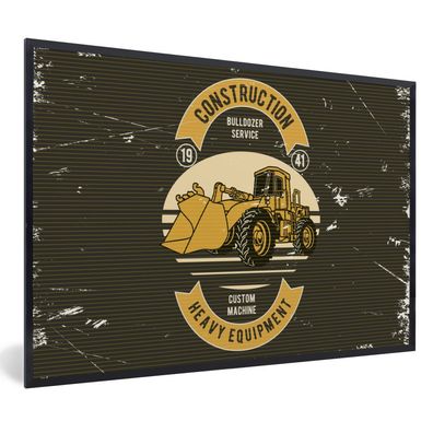 Poster - 60x40 cm - Bulldozer - Gelb - Zeichnung - Retro