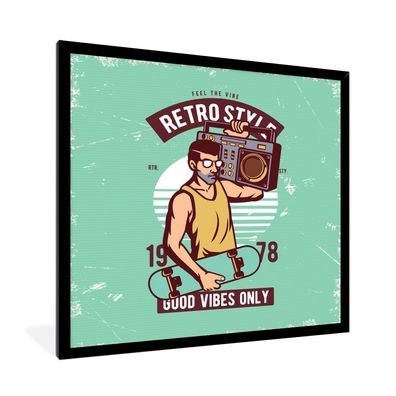 Poster - 40x40 cm - Radio - Mann - Skateboard - Retro