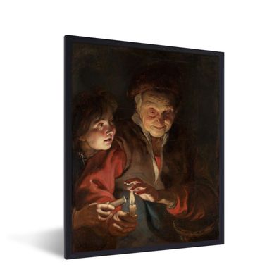 Poster - 60x80 cm - Alte Frau und Junge mit Kerzen - Gemälde von Peter Paul