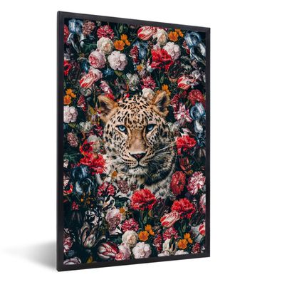 Poster - 80x120 cm - Leopard - Blumen - Mantel