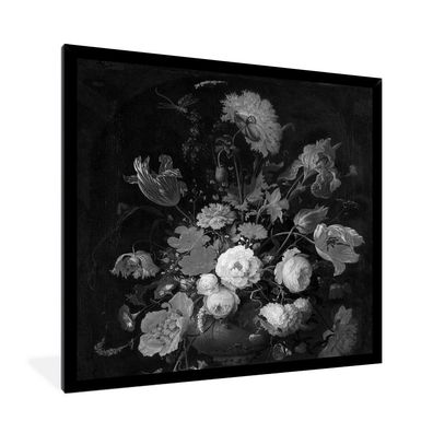 Poster - 40x40 cm - Stilleben mit Blumen und einer Uhr - Gemälde von Abraham