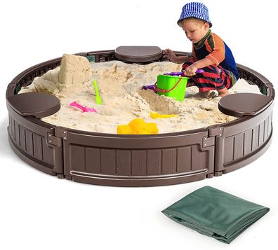 120cm Sandbox rund, Sandkasten mit wasserdichter Abdeckung und Bodenauskleidung