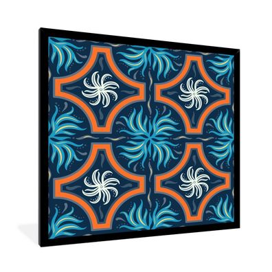 Poster - 40x40 cm - Blumen - Rahmen - Blau - Muster