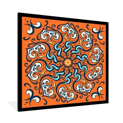 Poster - 40x40 cm - Mandala - Blätter - Blau - Orange