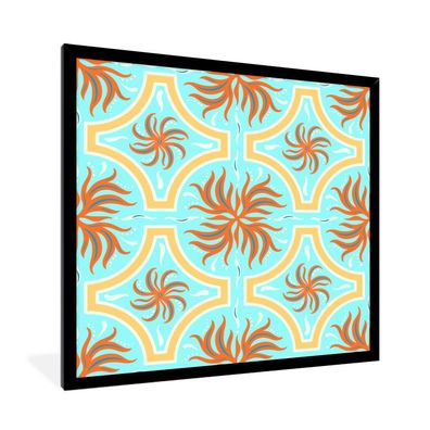 Poster - 40x40 cm - Blumen - Rahmen - Blau - Muster