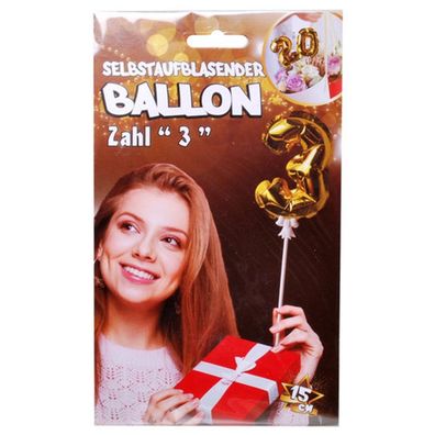 Folien Ballon zum Geburtstag mit Zahl 3 selbstaufblasend Farbe gold