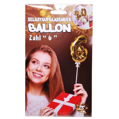 Folien Ballon zum Geburtstag mit Zahl 6 selbstaufblasend Farbe gold